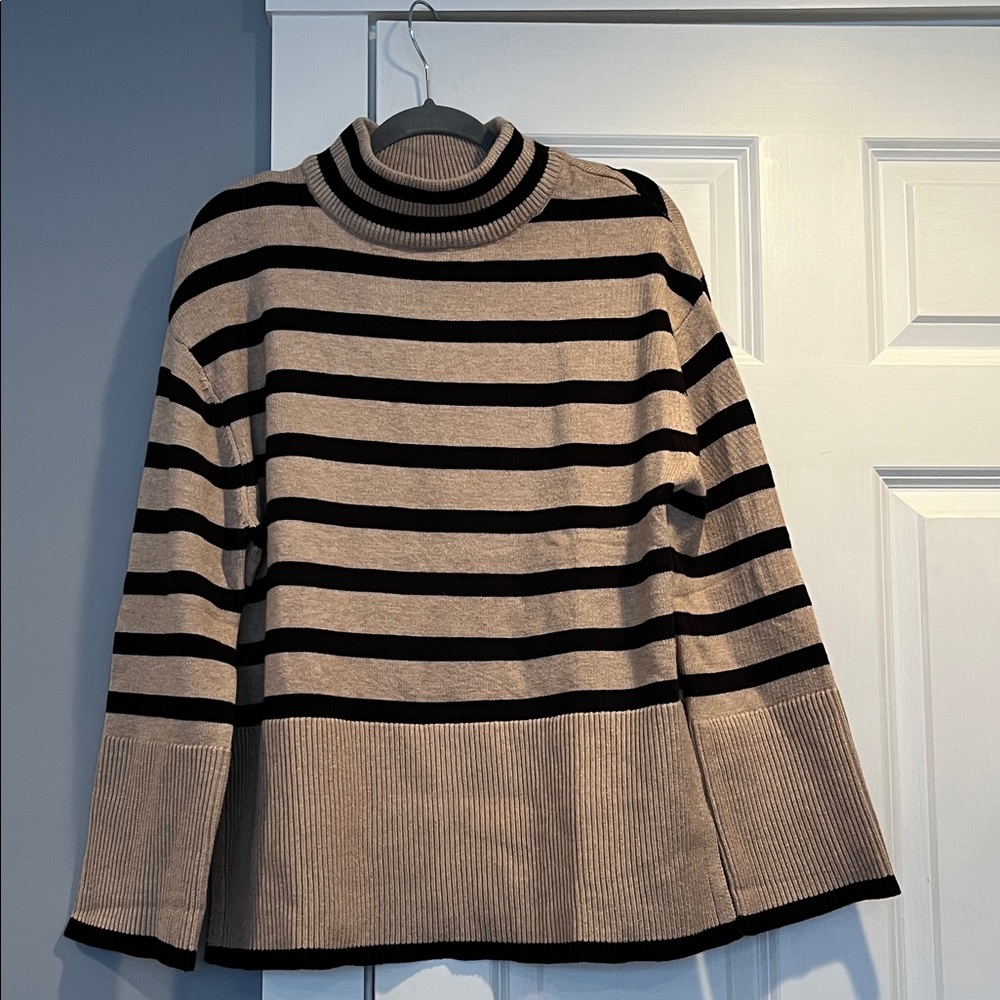 Striped Beige and Black Turtleneck Sweater